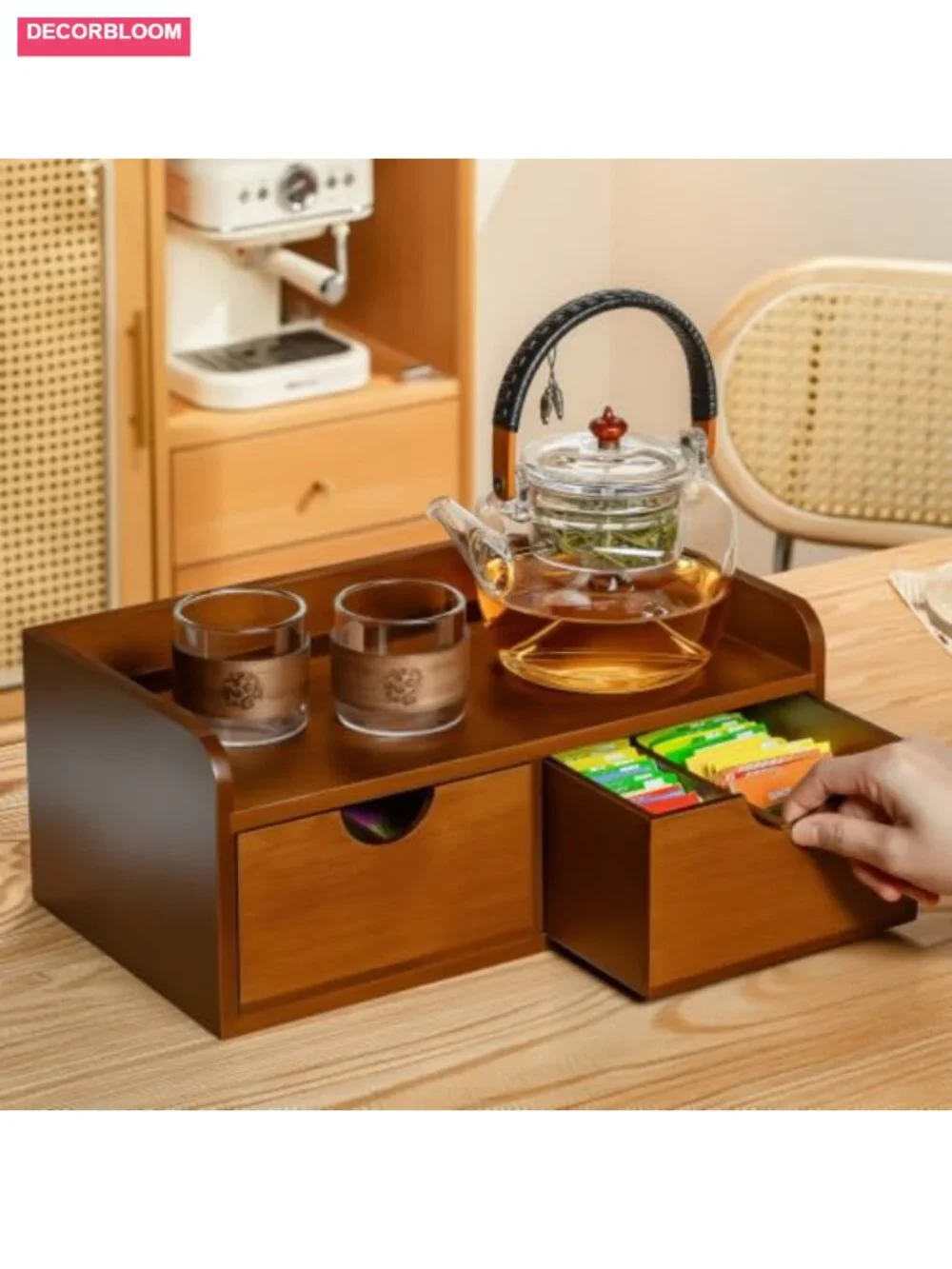 Acacia Wood Tea Bag Organizer with Drawer Storage